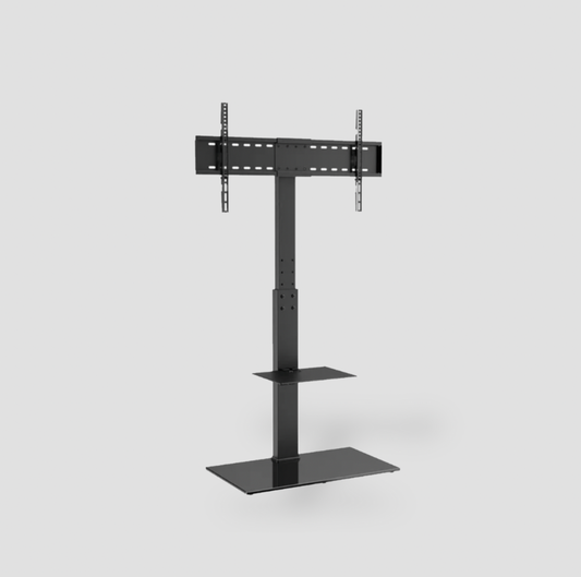 Support TV sur pied noir avec base en verre trempé, colonne réglable, étagère multimédia et fixation murale, vue trois-quarts