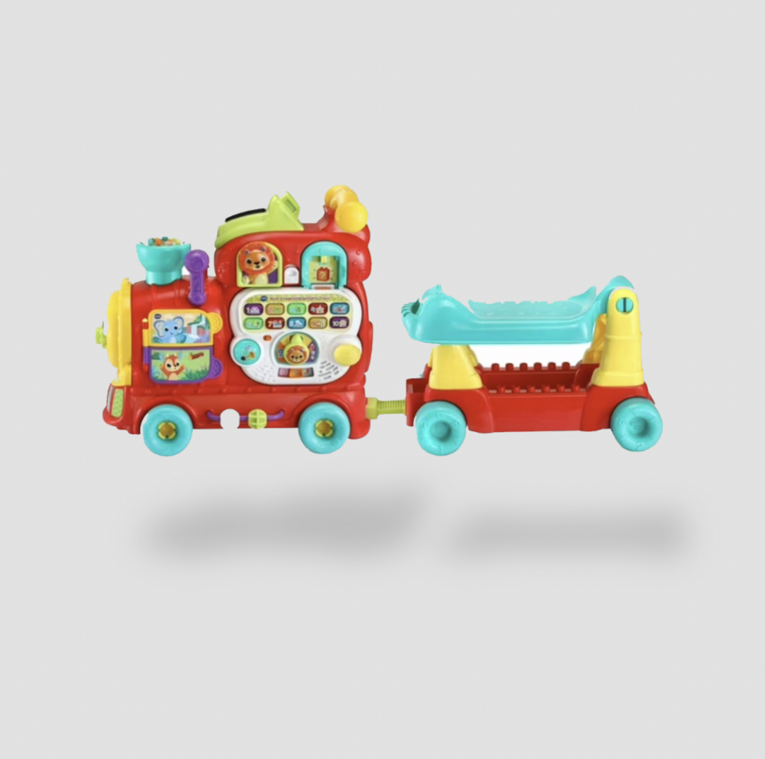 VTech 4-in-1 Learning Letters Train in red with teal and yellow accents and pull-along wagon, side view