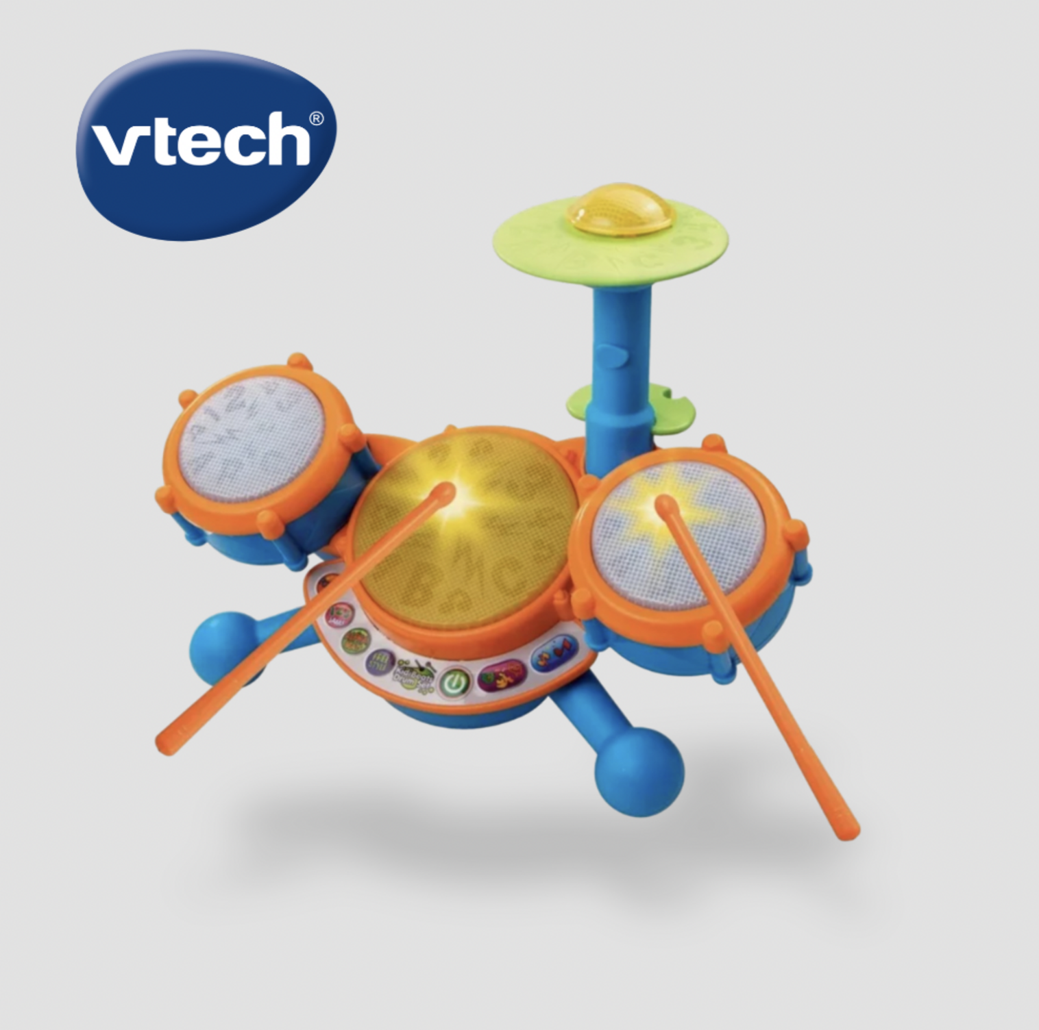 VTech Kidibeats blue and orange kids' drum set with cymbal, three drum pads and drumsticks, three-quarter view