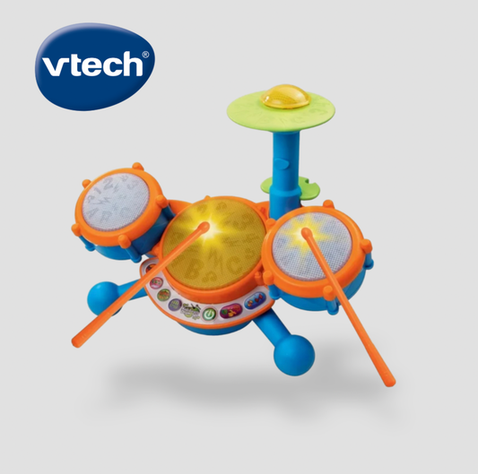 VTech Kidibeats blue and orange kids' drum set with cymbal, three drum pads and drumsticks, three-quarter view