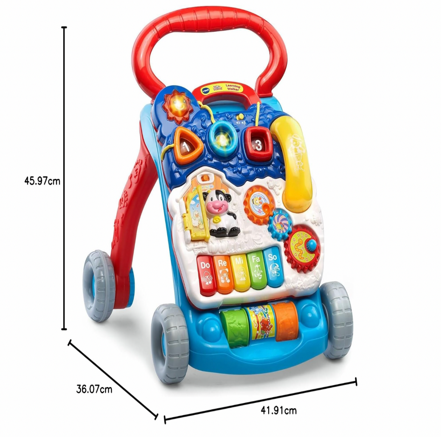 Trotteur d'éveil VTech avec dimensions 41,91 x 36,07 x 45,97 cm, touches de piano et rouleau