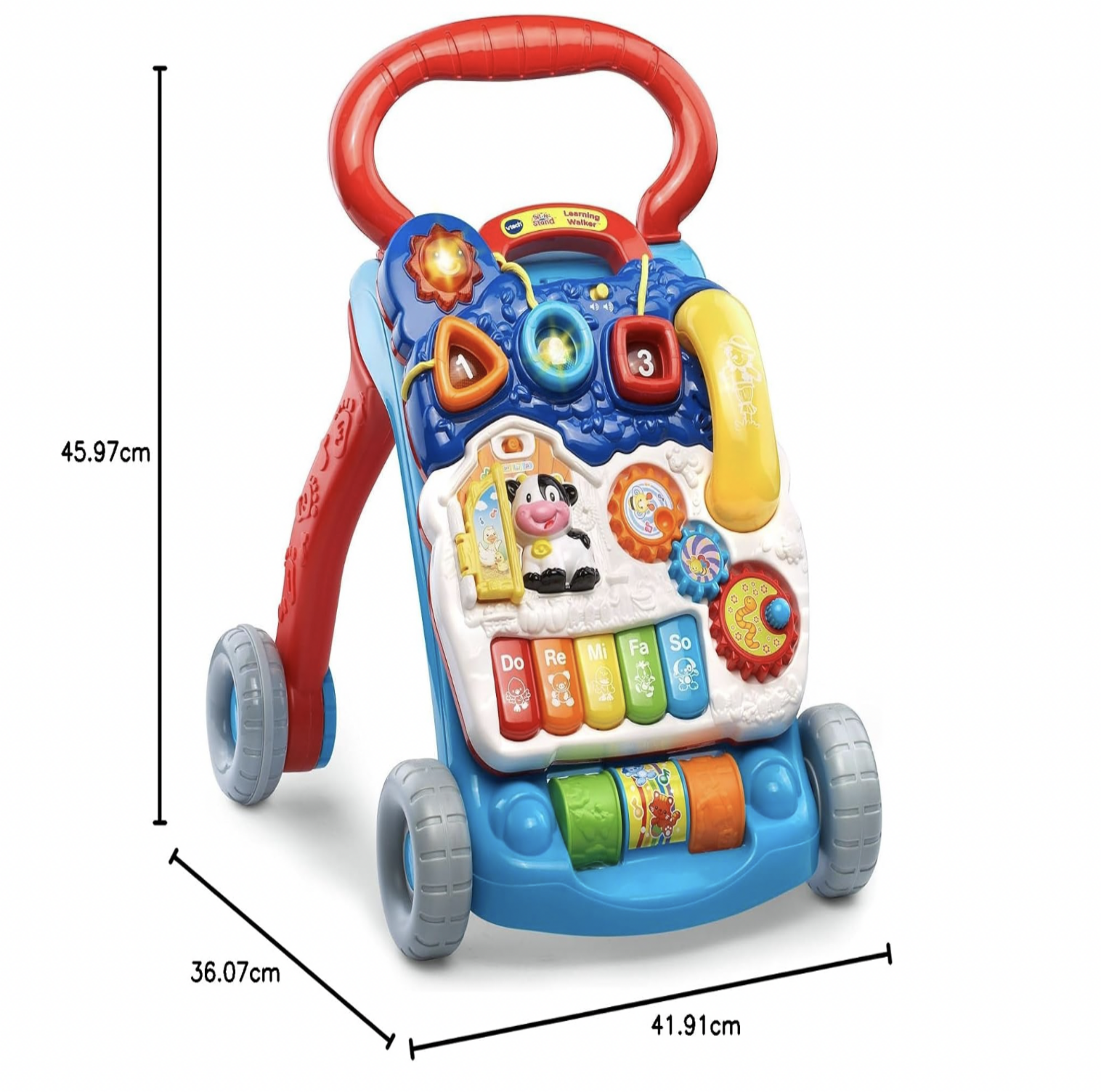 Trotteur d'éveil VTech avec dimensions 41,91 x 36,07 x 45,97 cm, touches de piano et rouleau