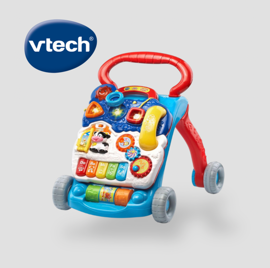 VTech Sit-to-Stand Learning Walker in blue, red and yellow with piano keys and activity panel, three-quarter view