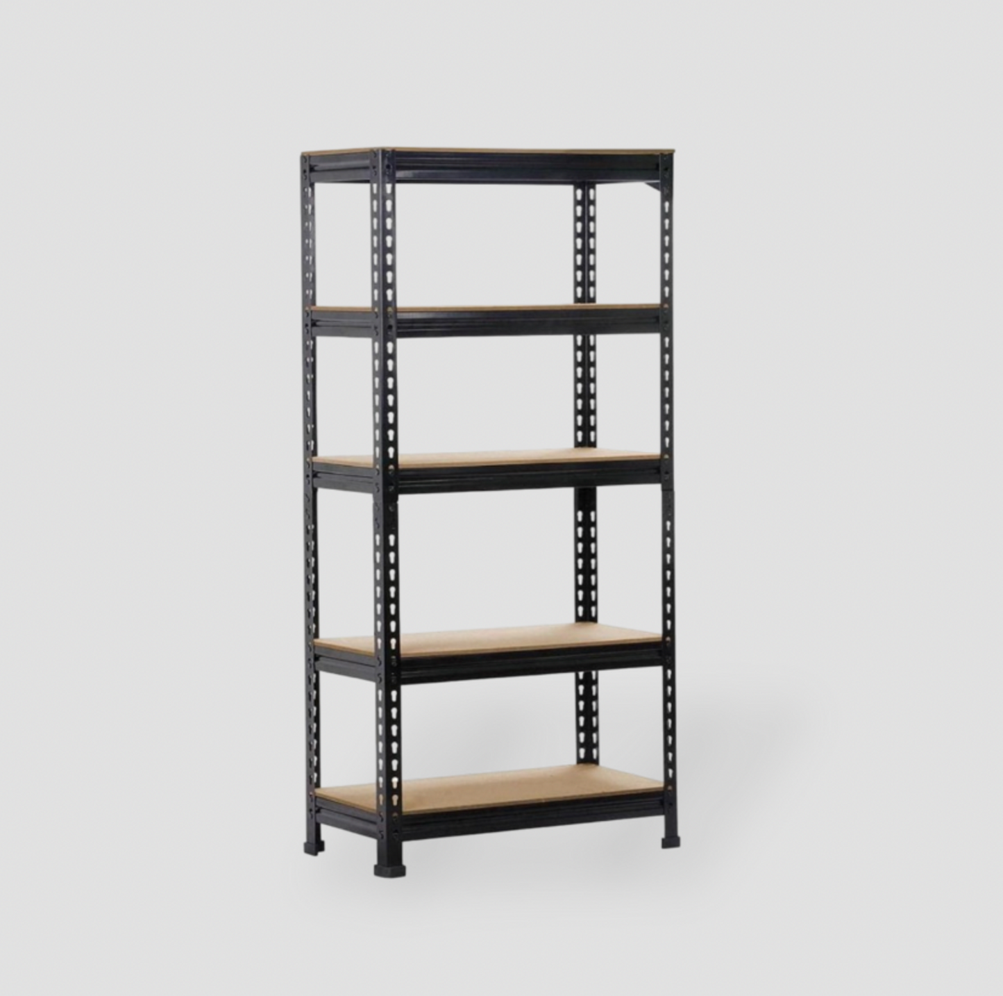 Étagère de rangement Yaheetech 5 niveaux en métal noir avec tablettes ton bois, vide vue trois-quarts
