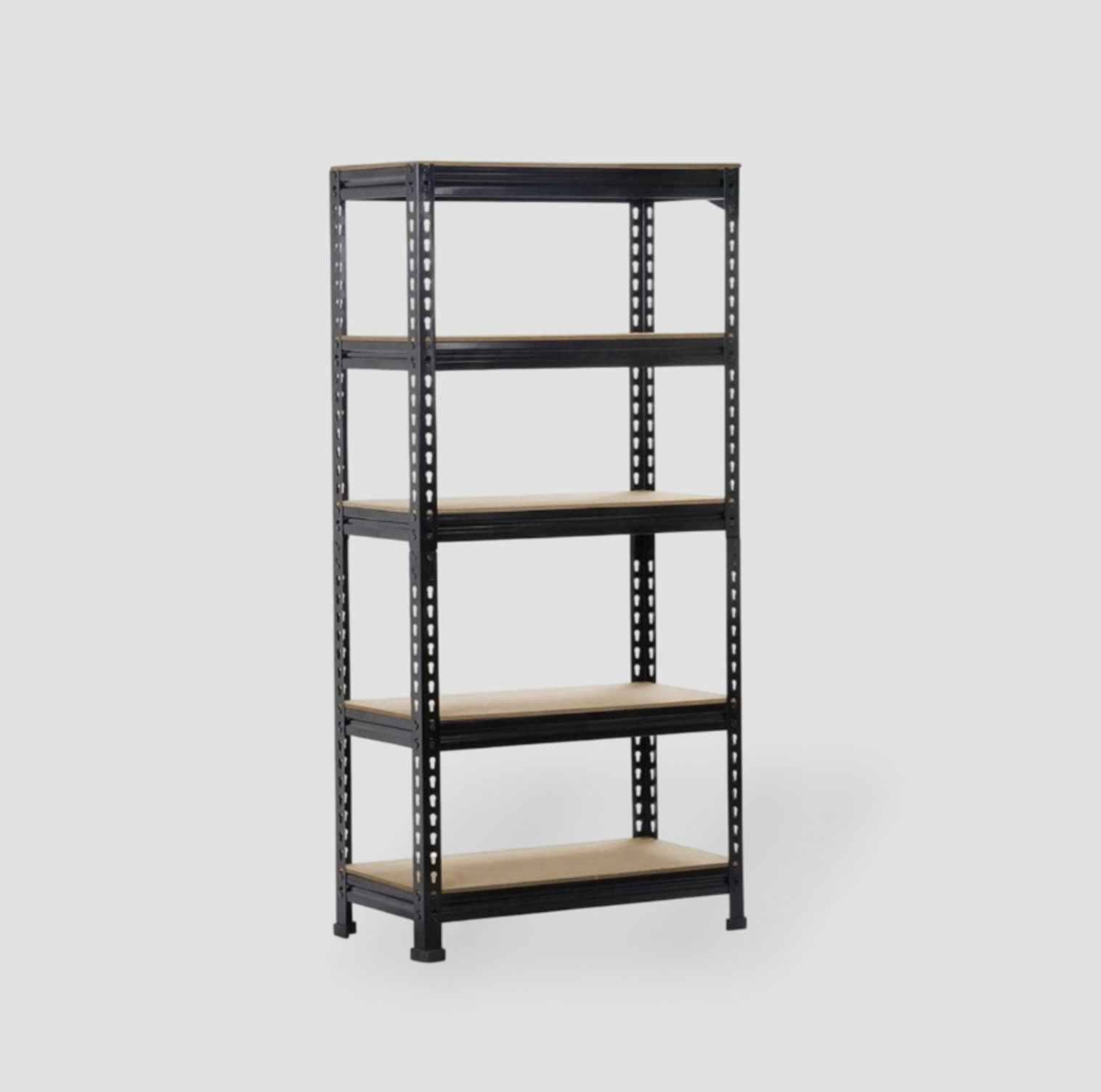 Étagère de rangement Yaheetech 5 niveaux en métal noir avec tablettes ton bois, vide vue trois-quarts