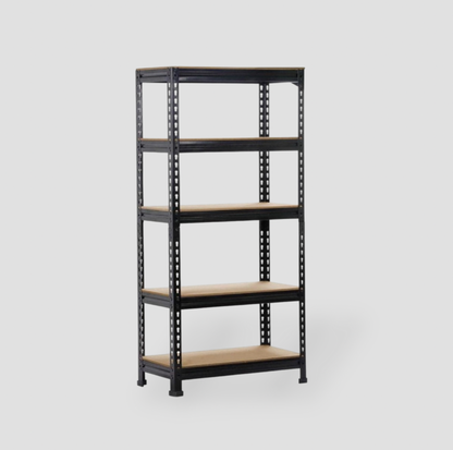 Étagère de rangement Yaheetech 5 niveaux en métal noir avec tablettes ton bois, vide vue trois-quarts