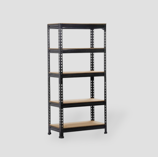 Étagère de rangement Yaheetech 5 niveaux en métal noir avec tablettes ton bois, vide vue trois-quarts